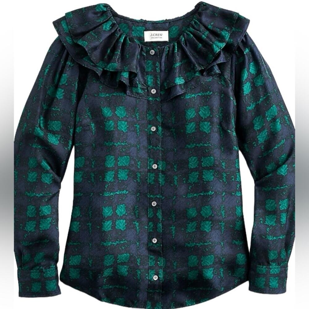 J. Crew Collection Sueded Silk Plaid Ruffle Collar Green Blue Plaid Blouse Large
